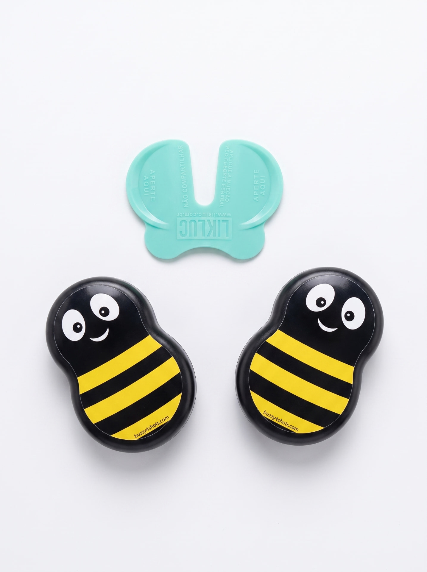 Dispositivo Buzzy: asinha de gelo azul e duas abelhinhas pretas e amarelas que vibram