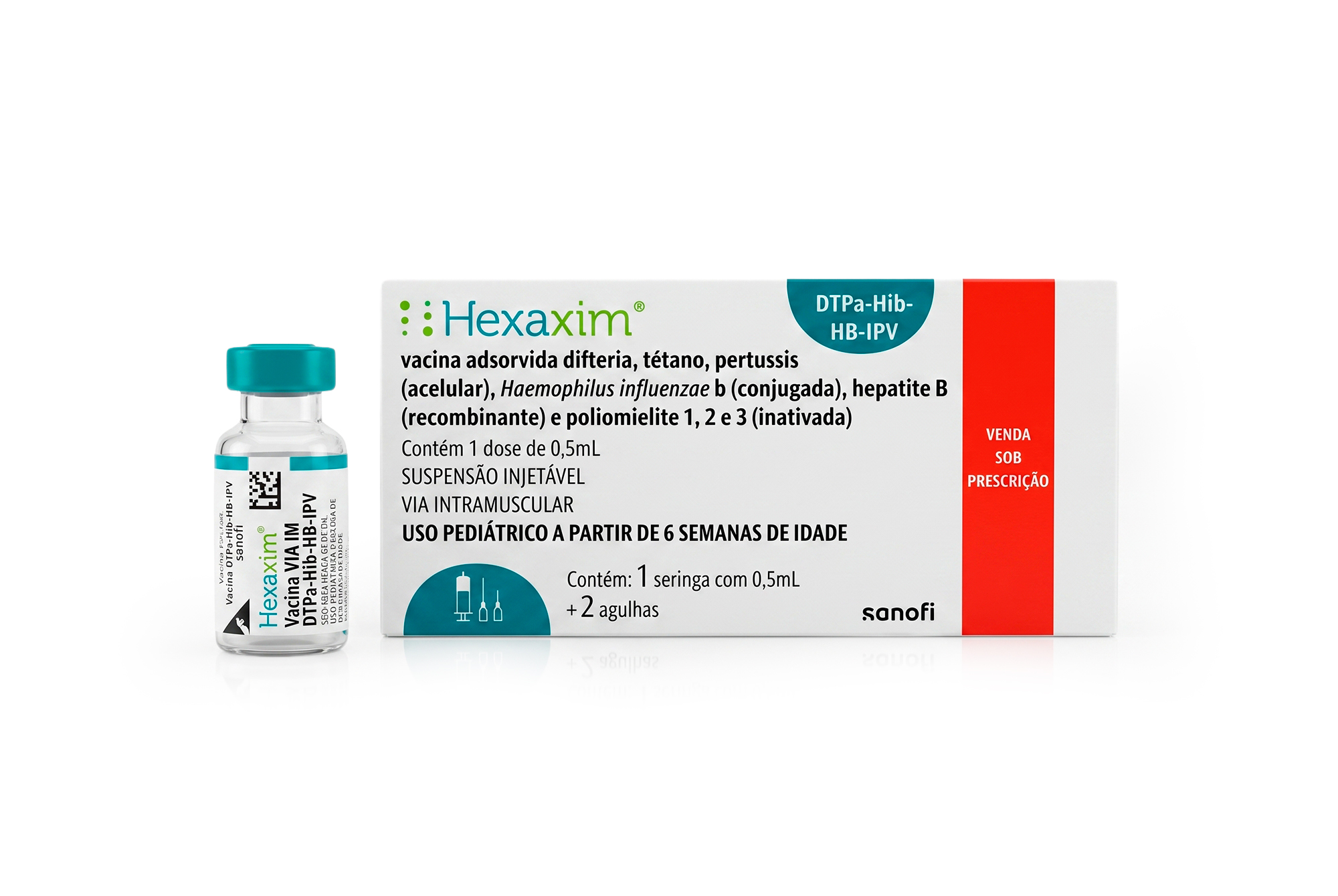 Frasco da vacina Hexavalente acelular com identificação da Maievah Clínica de Vacinas
