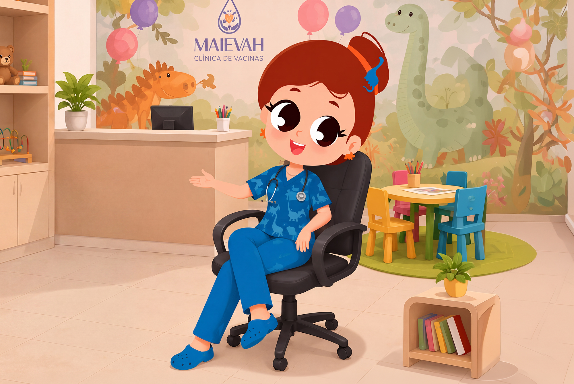 Maievinha, personagem da Maievah, sentada na recepção da clínica