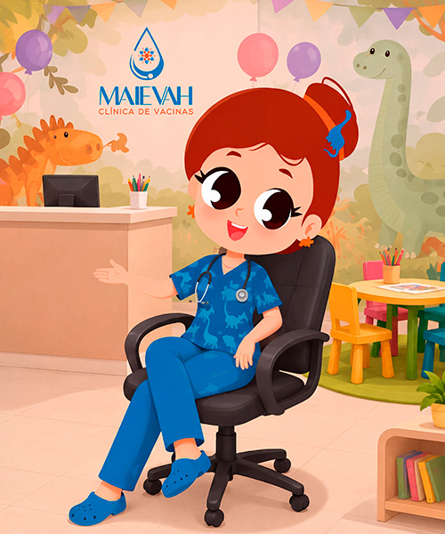 Ilustração da Maievinha, personagem de apoio da Maievah, sentada na cadeira do consultório infantil com uniforme azul e estetoscópio.