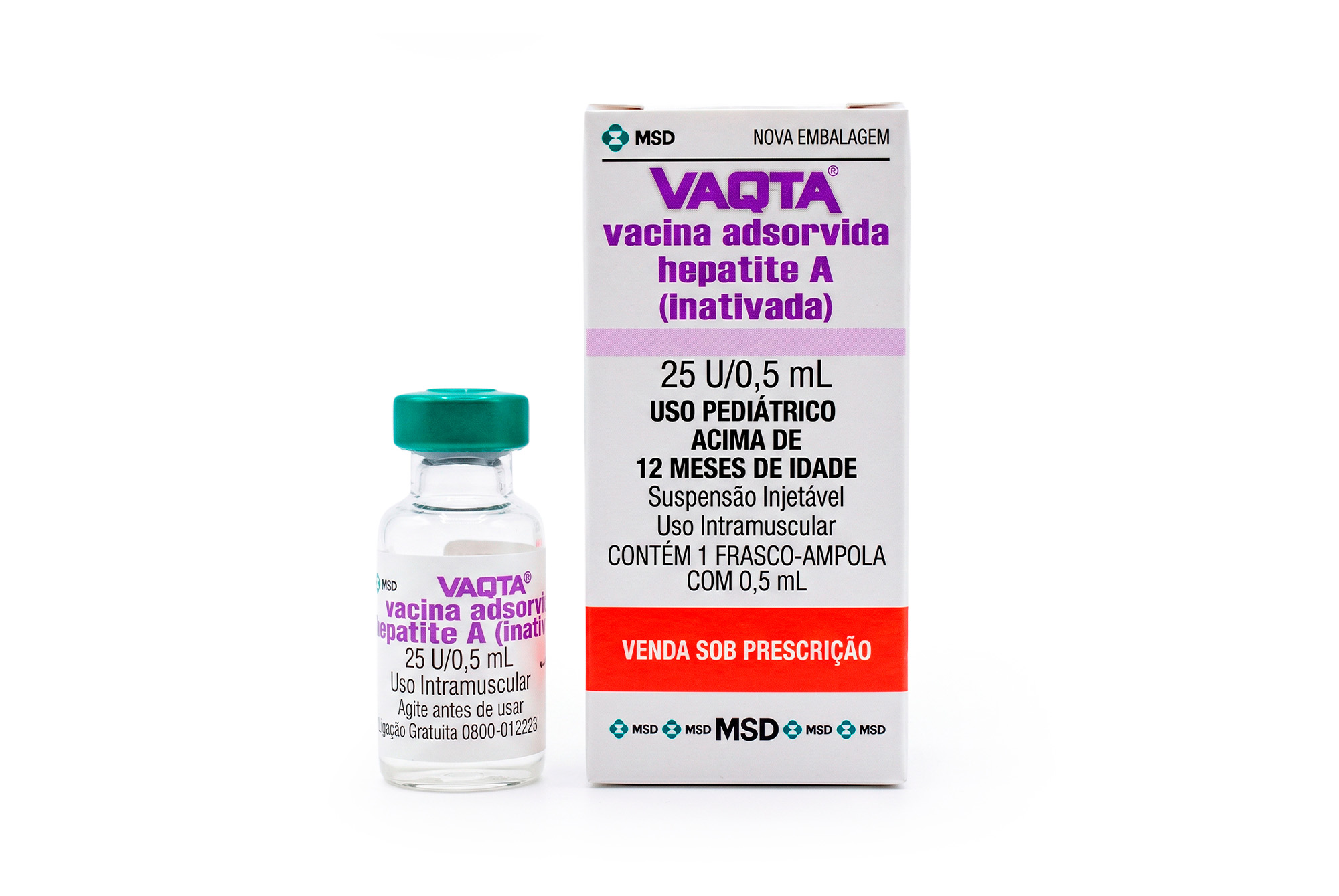 Caixa e frasco da vacina Vaqta contra hepatite A