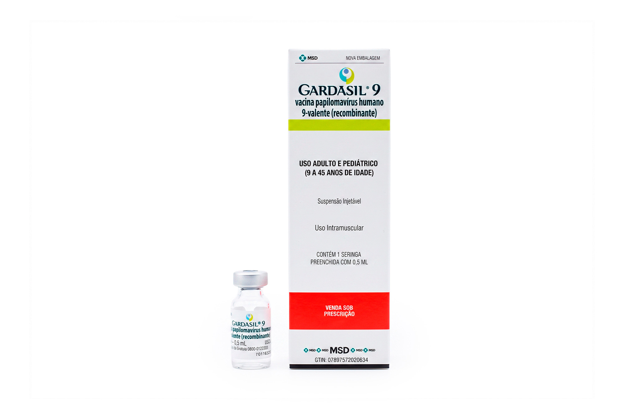 Caixa e frasco da vacina Gardasil 9 contra HPV