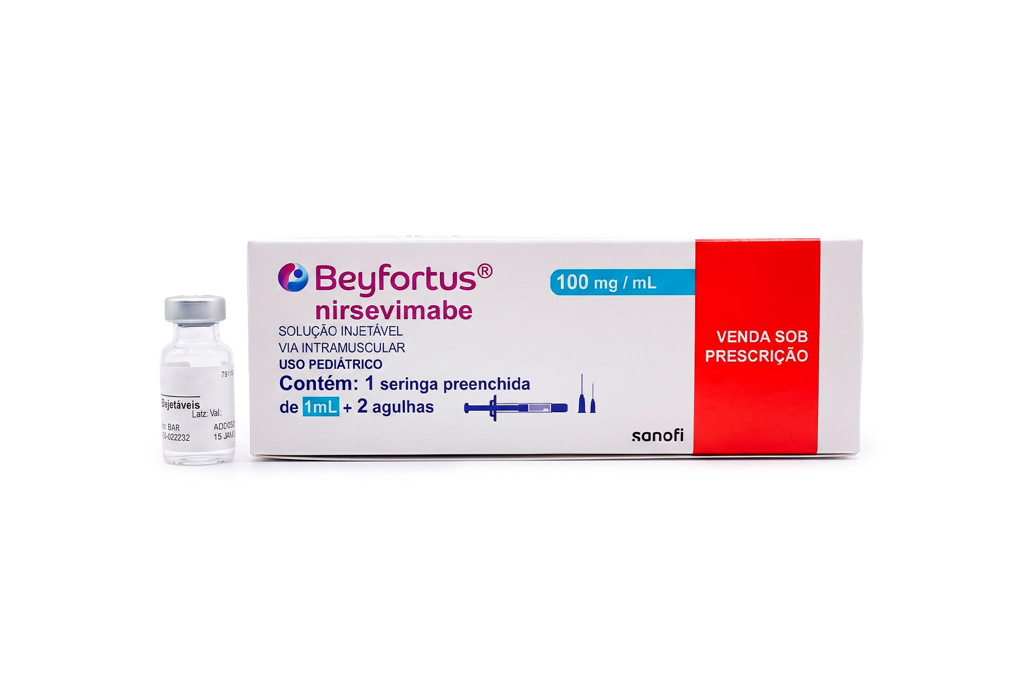 Frasco da vacina Proteção contra VSR para bebês (anticorpo monoclonal) com a marca Maievah Clínica de Vacinas