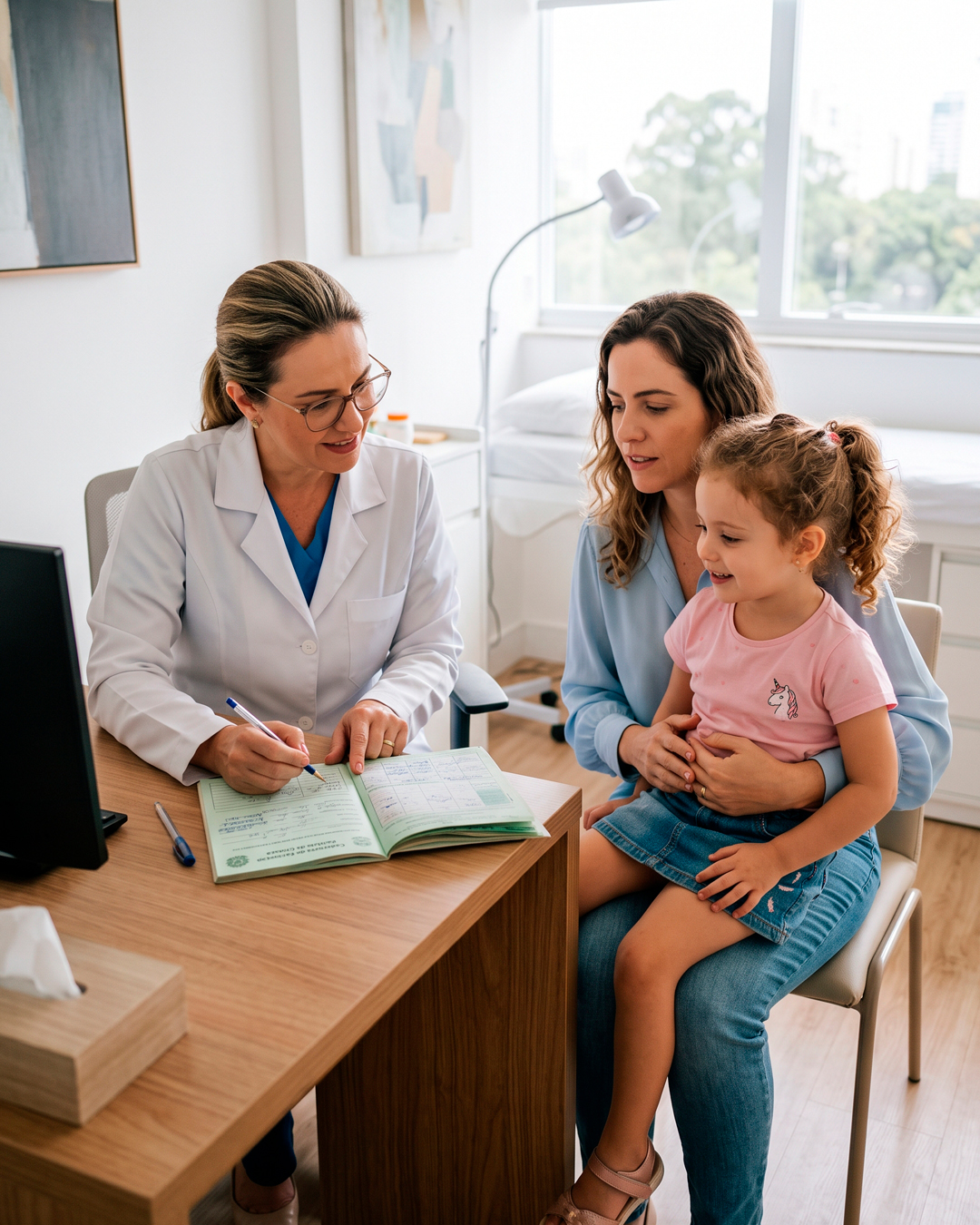 Médica revisando a caderneta de vacinação com mãe e filha no consultório