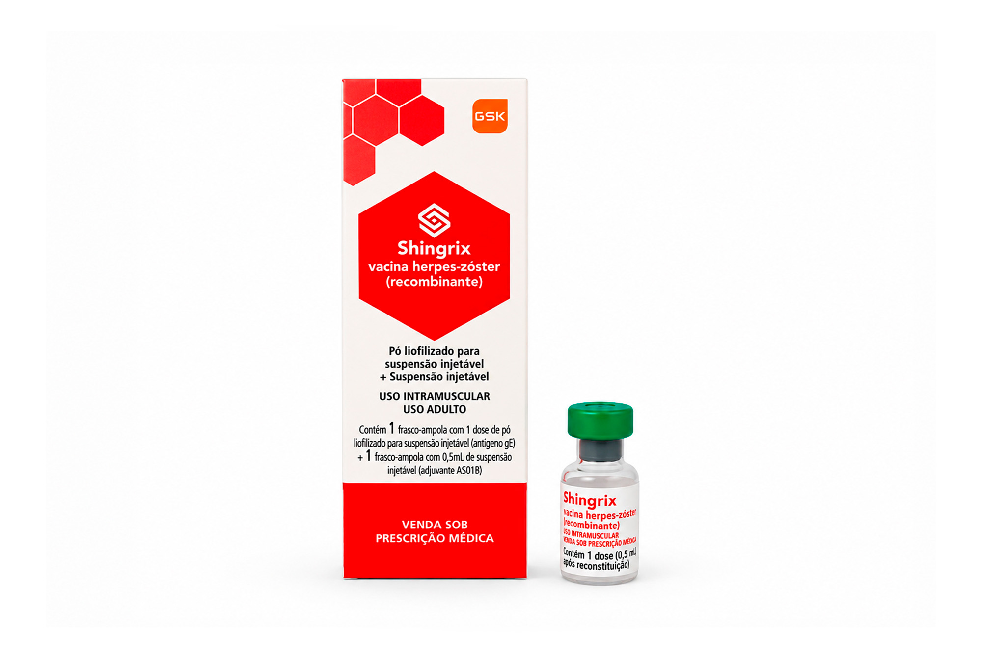 Caixa e frasco da vacina Shingrix contra herpes-zóster