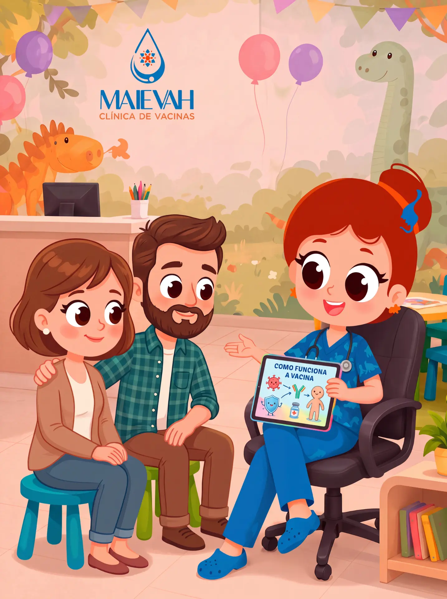 Maievinha explicando a um casal como a vacina funciona, na recepção da clínica