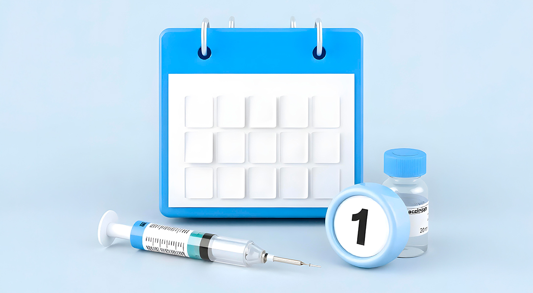 Calendário, seringa e frasco de vacina representando o calendário vacinal