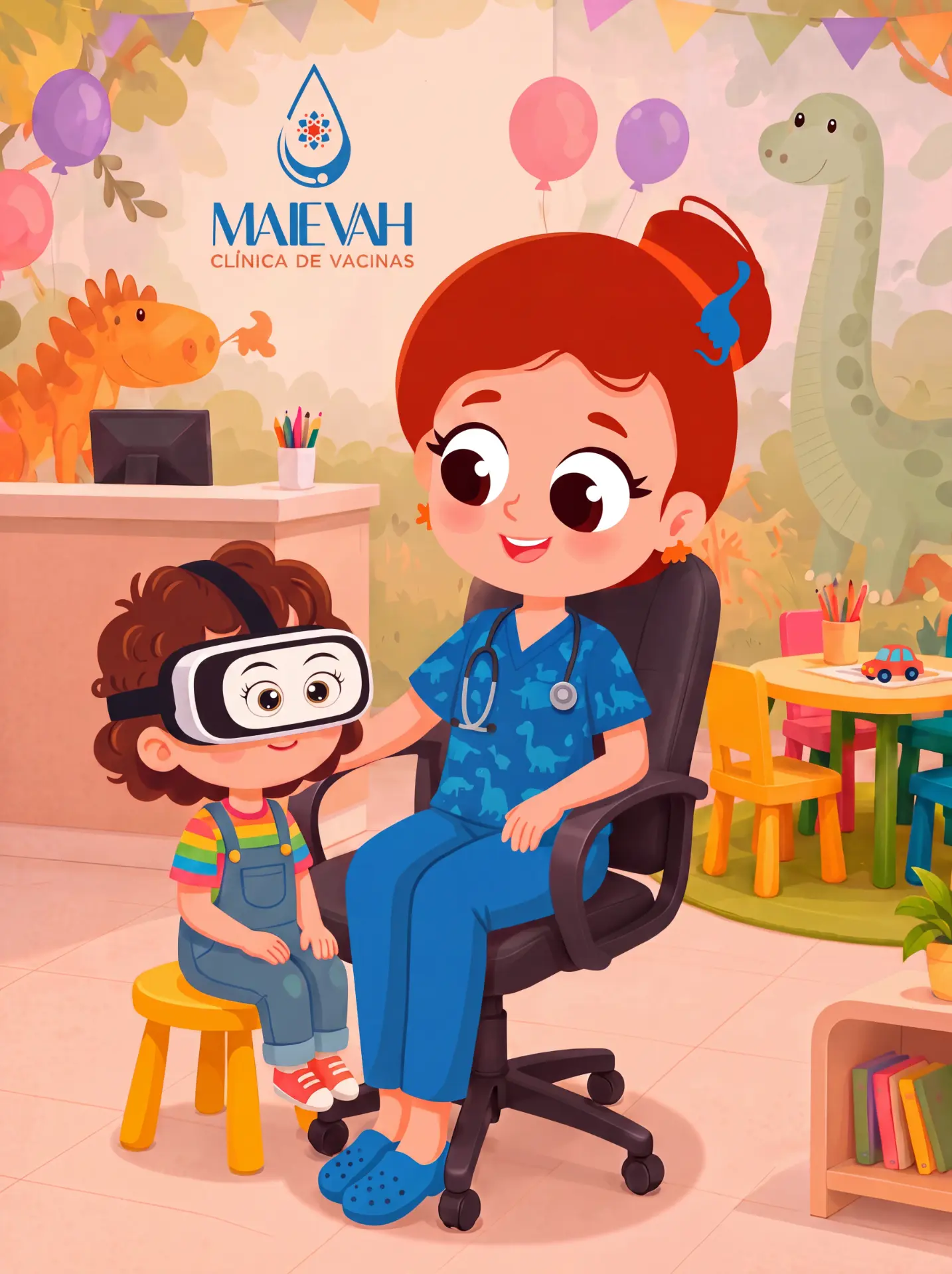 Maievinha ao lado de uma criança usando óculos de realidade virtual na clínica